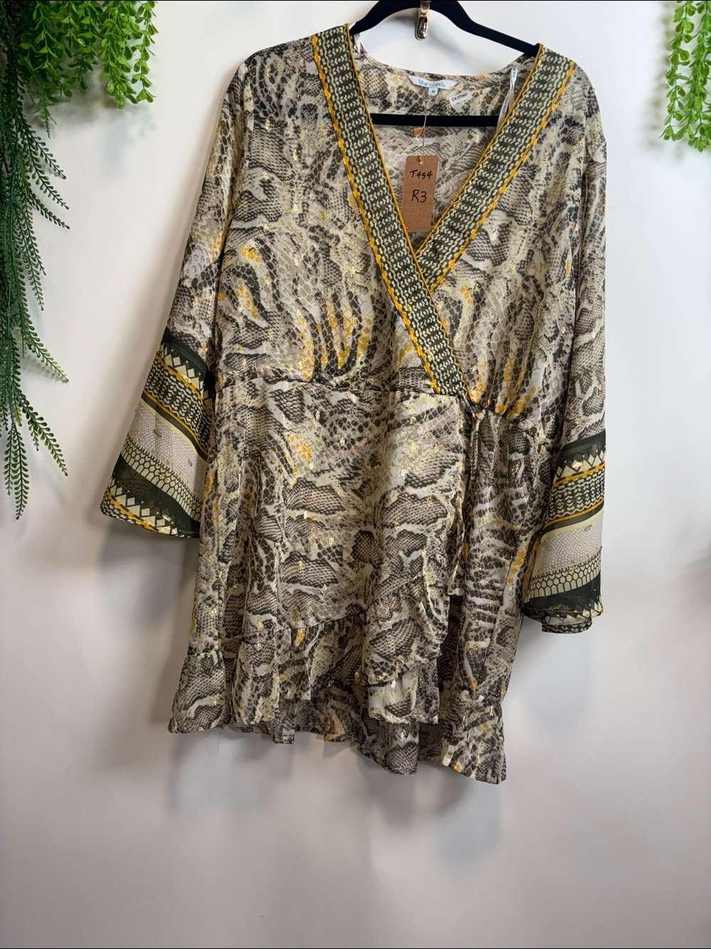 Blue Island Tan and Green Wrap Tunic top
